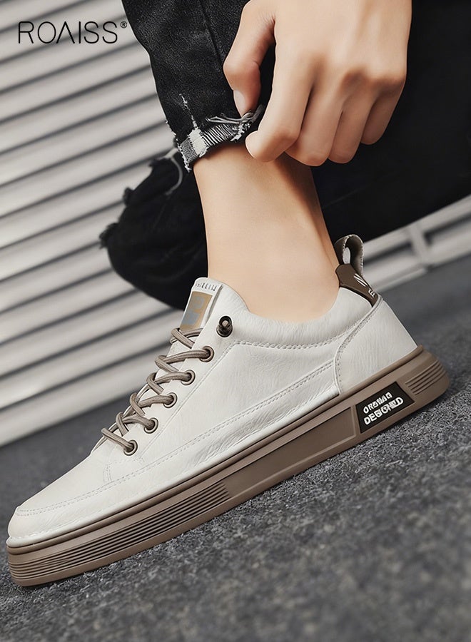 رويس حذاء رياضي رجالي جلدي سهل الارتداء، مريح، مانع للانزلاق، مقدمة دائرية، منخفض، مطاطي، متعدد الاستخدامات، مناسب للارتداء اليومي، الرياضة، العمل، حذاء مسطح، لون بيج - Image 5