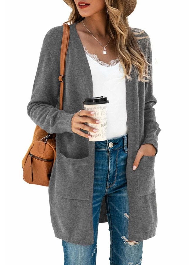 TASAMO Womens Color Block Striped Draped Kimono Cardigan Long Sleeve Open Front Casual Knit Sweaters Coat Soft Outwear, A-03 Gray, L - Image 1