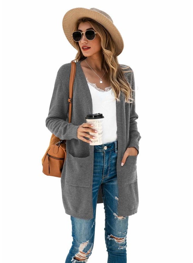 TASAMO Womens Color Block Striped Draped Kimono Cardigan Long Sleeve Open Front Casual Knit Sweaters Coat Soft Outwear, A-03 Gray, L - Image 2