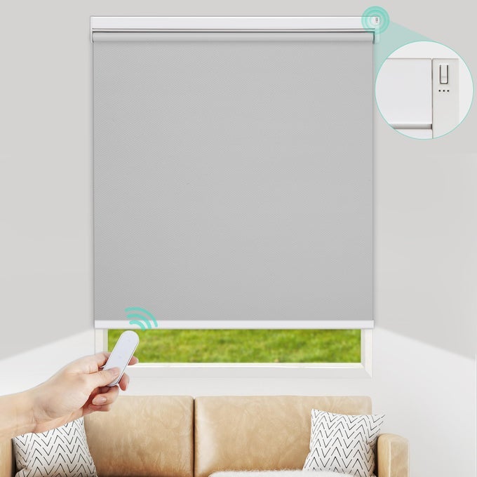 MOTORIZED ROLLER BLINDS WITH REMOTE CONTROL FOR WINDOWS BLACKOUT SMART ROLLER SHADE BATTERY POWERED ELECTRIC SMART BLIND GREY31X72