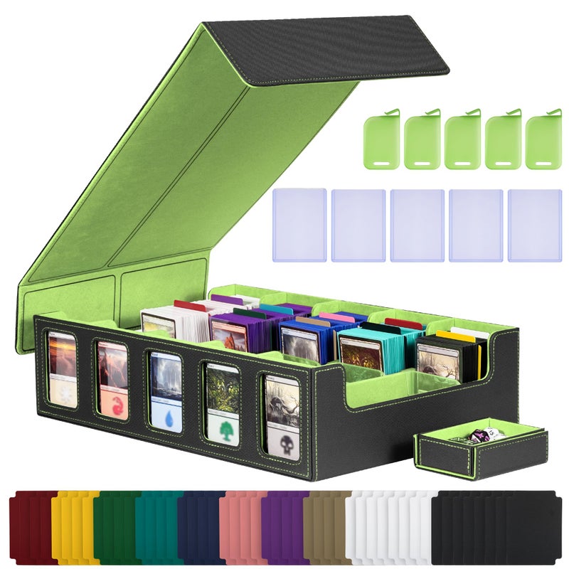 Kabinka Card Storage Box with Commander Display, 5-Row Deck Case with Removable Lid; 3900+ Card Deck Box for MTG Sports Cards, 5 Top Loaders, 5 Stoppers, 48 Dividers,1 Dice Tray (Black & Lemon Green) - Image 1