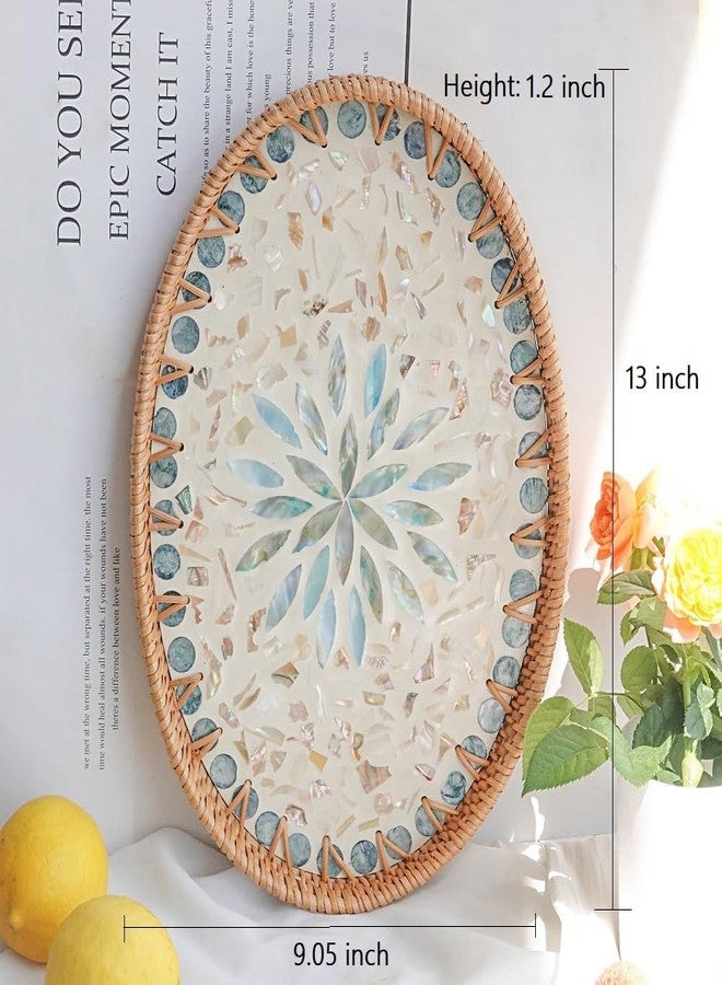 Afiaiwei 13 Inch Decor Tray for Coffee Table Mother of Pearl Inlay Serving Tray for Ottoman Wicker Centerpiece Decorative Tray for Candle Holder, Flower, Fruit, Bread (Medium) - Image 5