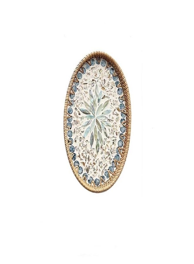 Afiaiwei 13 Inch Decor Tray for Coffee Table Mother of Pearl Inlay Serving Tray for Ottoman Wicker Centerpiece Decorative Tray for Candle Holder, Flower, Fruit, Bread (Medium) - Image 1