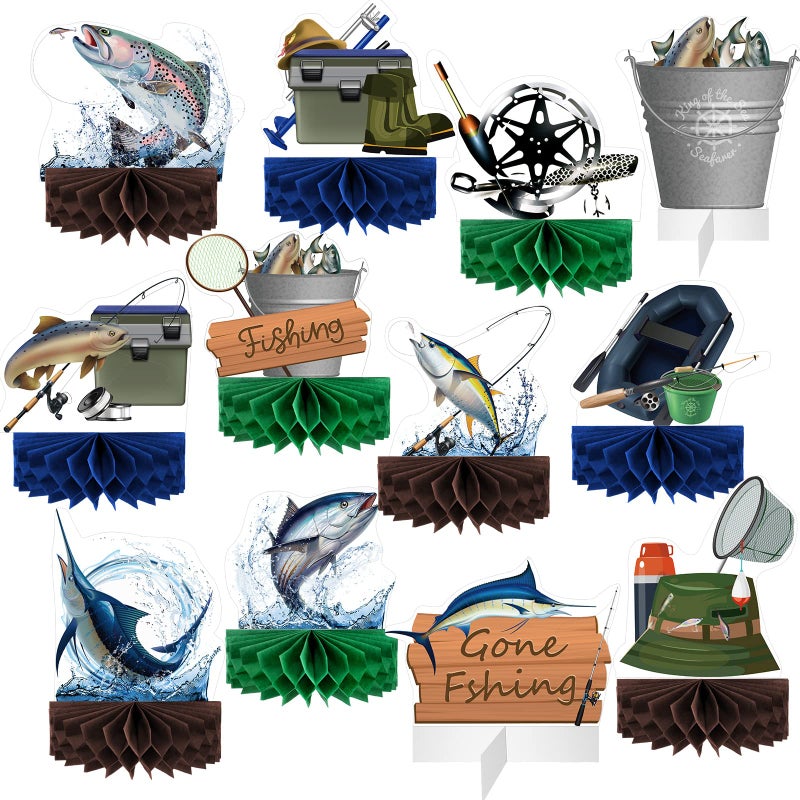 WILLBOND 12 Pcs Fishing Decorations Gone Fishing Centerpieces Fish Party Decorations Honeycomb Party Supplies 3D Fishing Table Decor Fishing Birthday Party Supplies for Fathers Day Retirement Baby Shower - Image 2