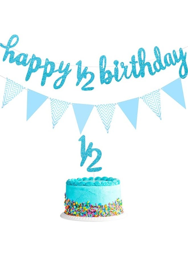 3 Pcs Half Birthday Decorations Set Include 6 Months Happy 1/2 Birthday Banner, Glitter 1/2 Half Year Cake Topper, Triangle Flag Banner for Baby Shower Party Photoshoot Props, Pre-strung(Blue)  - Image 1