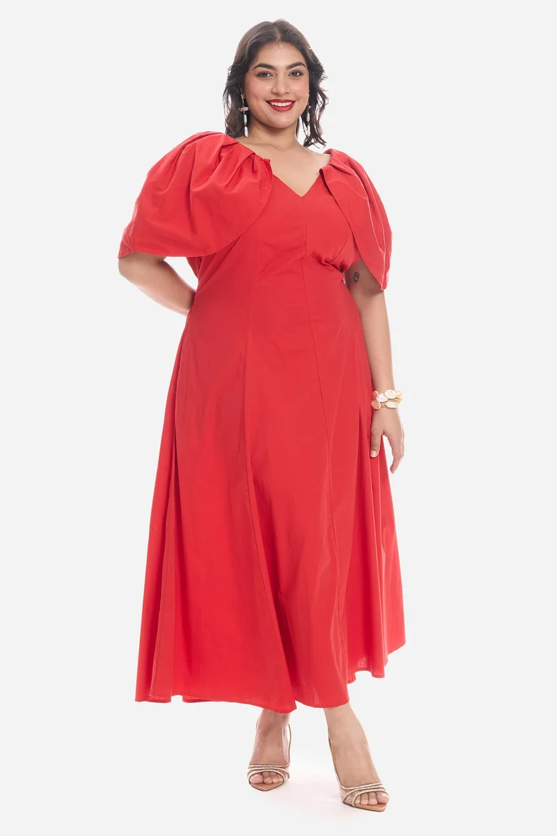 فيرجيو Solid Cotton Off-Shoulder Plus Size Dress for Women