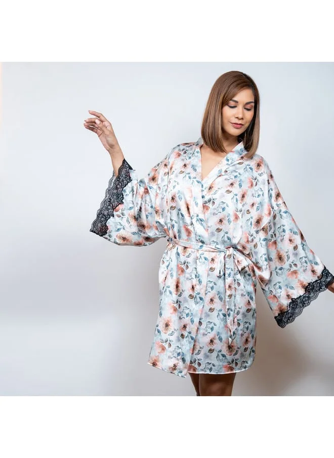 Aadaraya Aadaraya Floral Print Sateen Robe with Tie-Up Belt