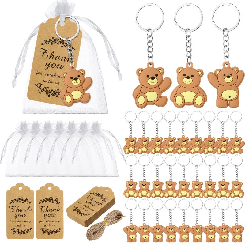 120 Pcs Bear Baby Shower Favors Bear Party Favors Cute Keychain with Organza Bags Thank You Kraft Tags and Rope for Guests Girls Boys Birthday Party Supplies Decorations Brown Stylish