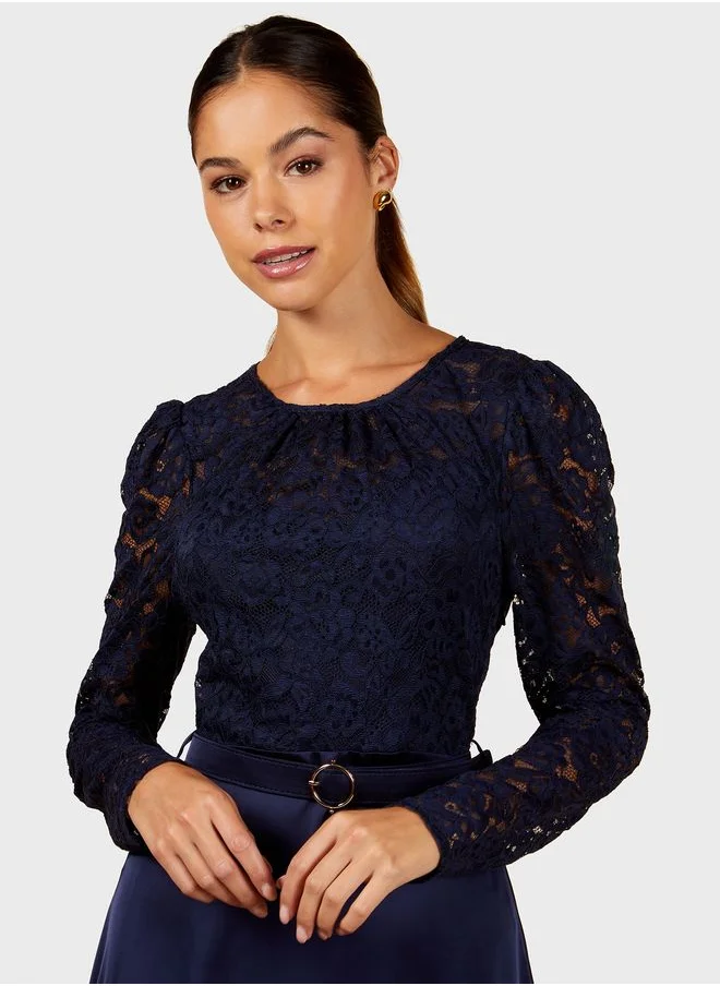 Little Mistress Lace Top Belted Midi Dress