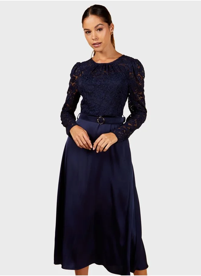 Little Mistress Lace Top Belted Midi Dress