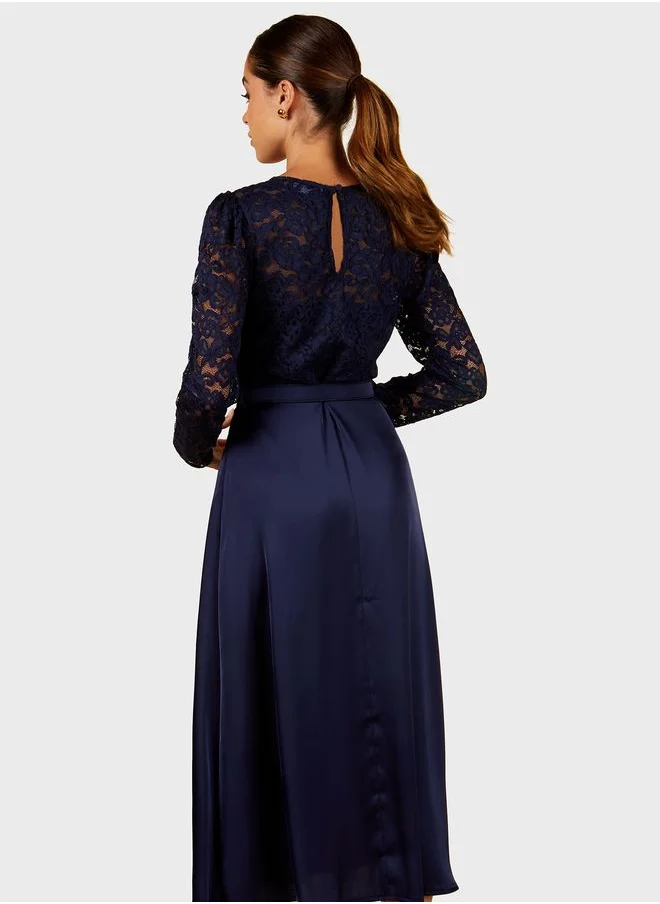 Little Mistress Lace Top Belted Midi Dress