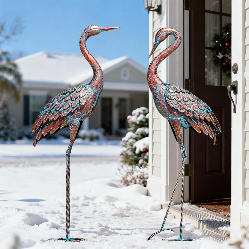 Kircust Garden Crane Statues Patina Heron Decoy, Standing Metal Crane Sculptures Bird Yard Art for Outdoor Decor, 47-48 Inch, Set of 2 - Image 4