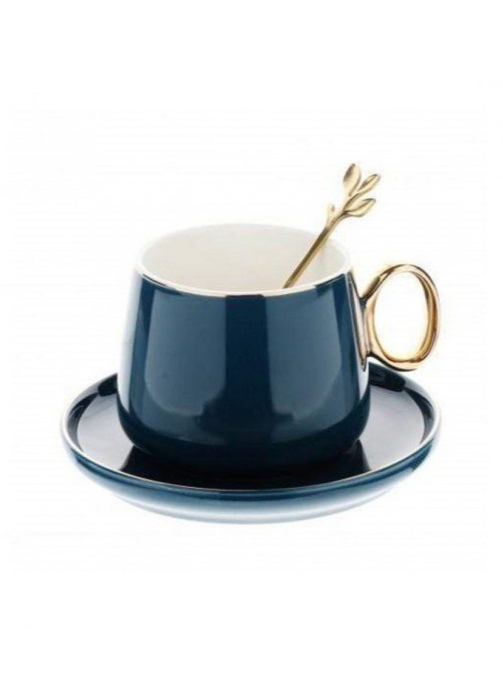 Home Concept Fine Bone Ceramic Cup & Saucer Set With Spoon-Navy Blue  - Image 1
