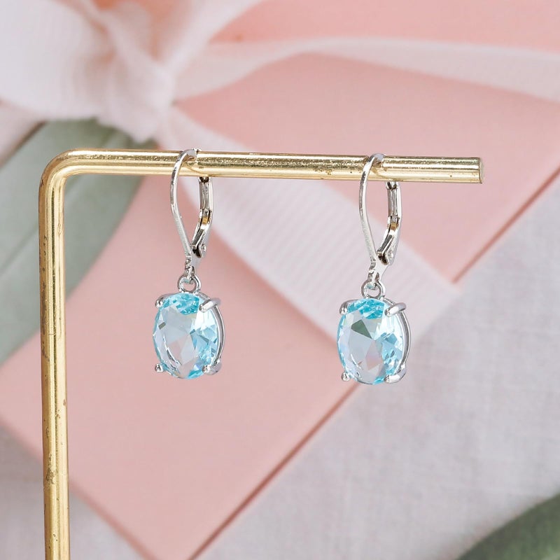 CiNily Cut-Oval Leverback Dangle Earrings for Women Light Blue Cubic Zircon 14k White Gold Plated Hypoallergenic Hanging Earrings Lightweight Summer Drop Earrings - Image 4