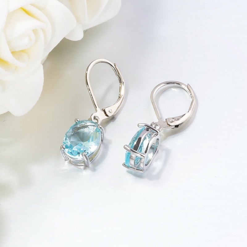 CiNily Cut-Oval Leverback Dangle Earrings for Women Light Blue Cubic Zircon 14k White Gold Plated Hypoallergenic Hanging Earrings Lightweight Summer Drop Earrings - Image 5