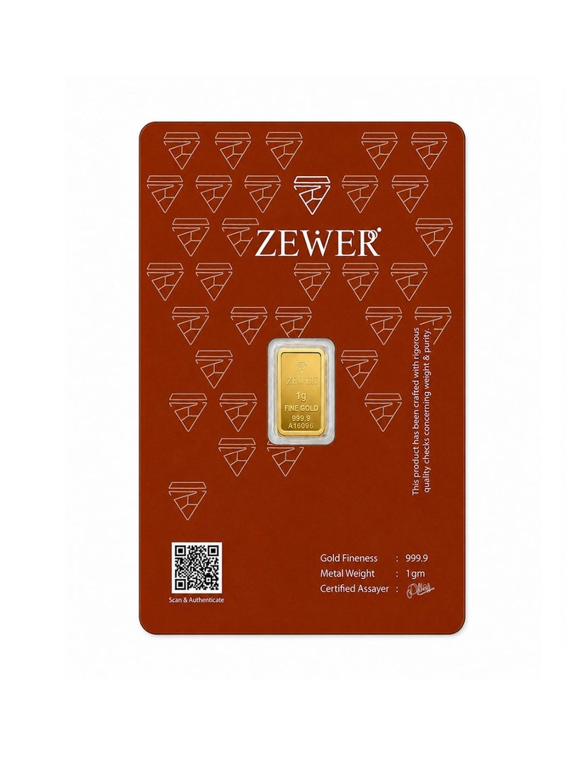 Zewer 1g 24K 999.9 Fine Gold Bar with Floral Design - Image 1