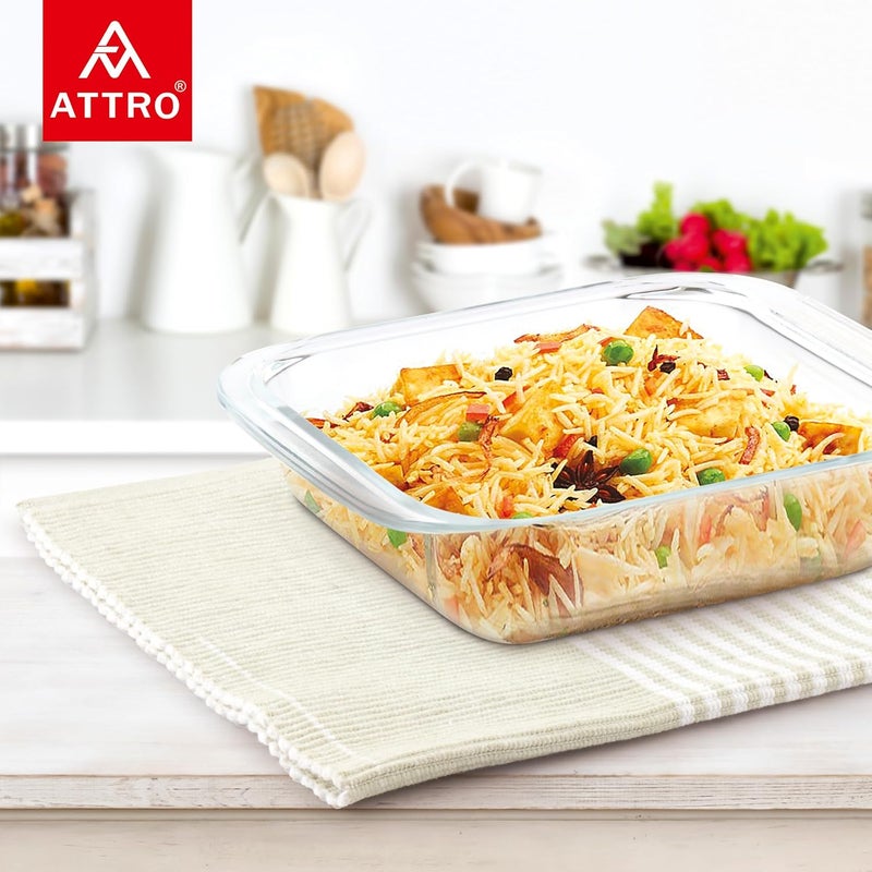 ATTRO طبق خبز زجاجي مربع من بوروسيليكات - آمن للاستخدام في الميكروويف وآمن في الفريزر - صينية خبز - 850 مل، شفاف - Image 4
