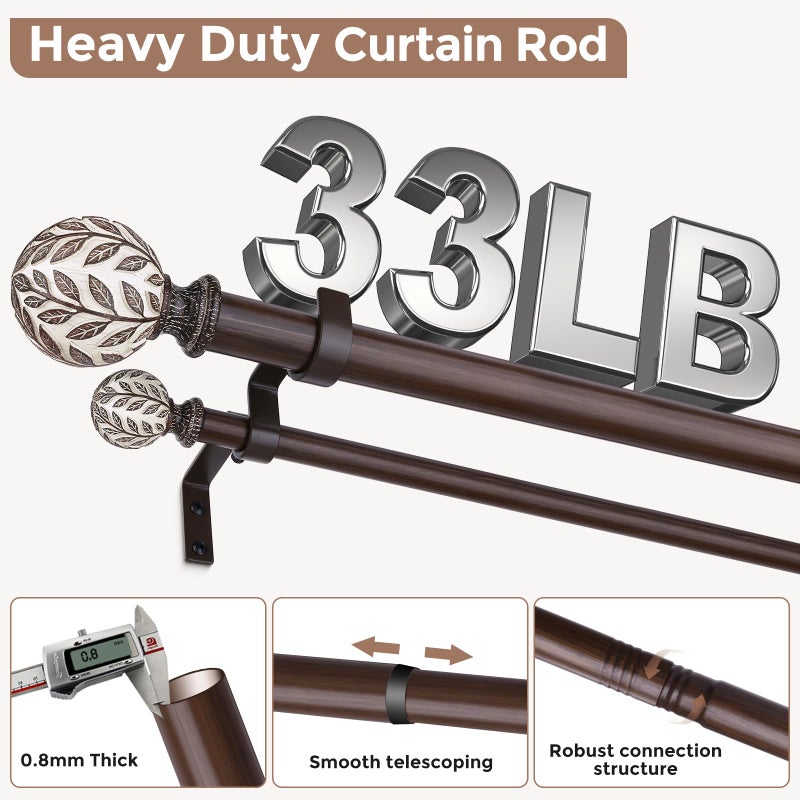 Wolistsa Walnut Wood Double Curtain Rod, Boho Decorative Long Dual Curtain Rods for Windows 84 to 120 Inch, 1" Adjustable Heavy Duty Double Rod, Unique Handmade Imitation Wood Grain Leaf Finial Design - Image 3