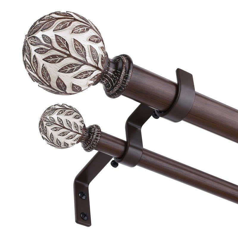 Wolistsa Walnut Wood Double Curtain Rod, Boho Decorative Long Dual Curtain Rods for Windows 84 to 120 Inch, 1" Adjustable Heavy Duty Double Rod, Unique Handmade Imitation Wood Grain Leaf Finial Design - Image 1