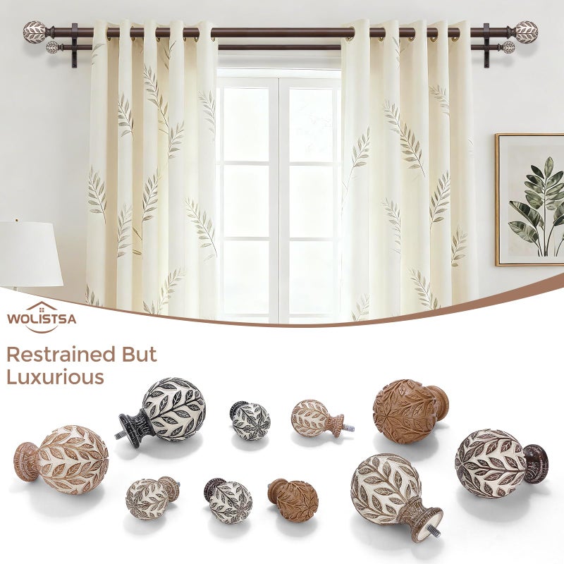 Wolistsa Walnut Wood Double Curtain Rod, Boho Decorative Long Dual Curtain Rods for Windows 84 to 120 Inch, 1" Adjustable Heavy Duty Double Rod, Unique Handmade Imitation Wood Grain Leaf Finial Design - Image 2