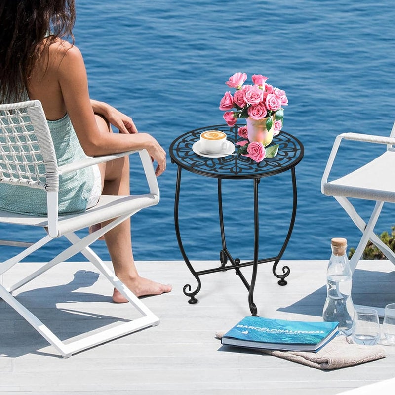 DARCKLE 14 Inch Outdoor Metal Side Table, Patio Side Table Weather Resistant Metal Side Table, Small Round Outdoor End Table Plant Stands Table Outside for Patio Yard Balcony Garden Black (Color5-Leaf) - Image 2