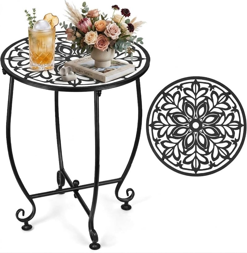 DARCKLE 14 Inch Outdoor Metal Side Table, Patio Side Table Weather Resistant Metal Side Table, Small Round Outdoor End Table Plant Stands Table Outside for Patio Yard Balcony Garden Black (Color5-Leaf) - Image 1