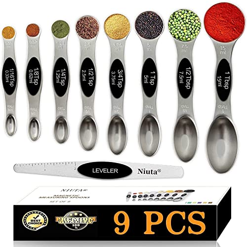 NIUTA Magnetic measuring spoons set stackable on both sides Germany stainless steel for use in spice jars and liquids set of 9Black
