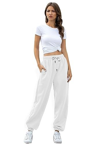 VINMEN Gvraslvet Cinch Bottom Sweatpants for Women with Pockets White - Image 2