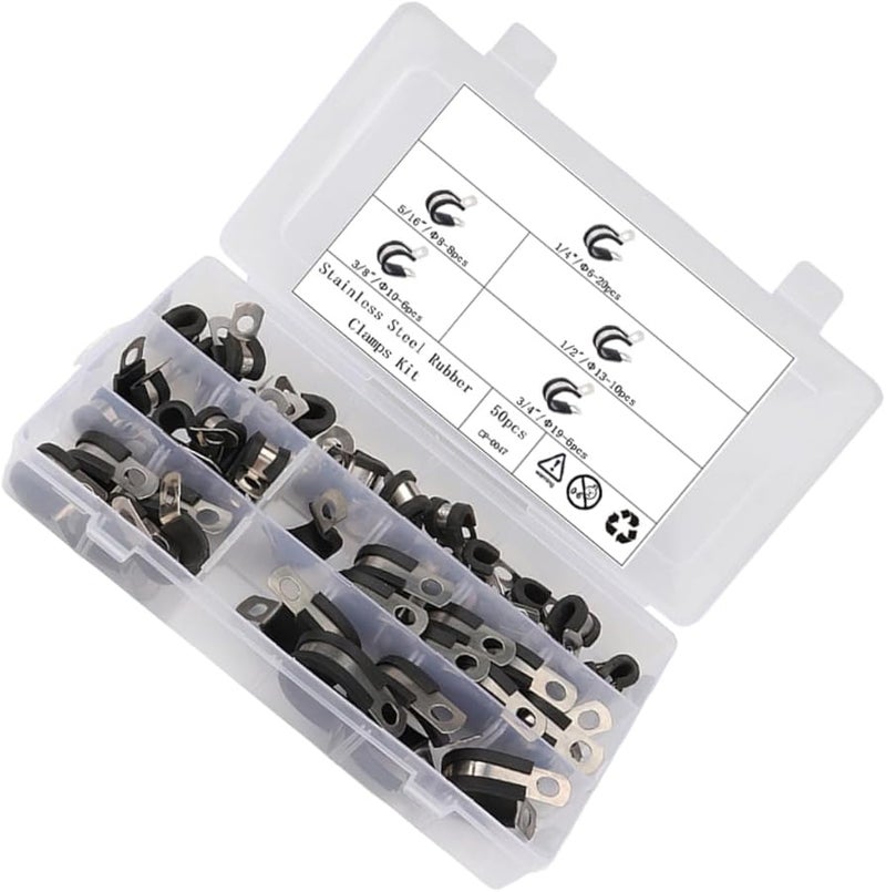 COHEALI 50Pcs Stainless Steel Rubber Cushion Clamp Tube Holders for Automotive Home Hoses Cables - Image 1