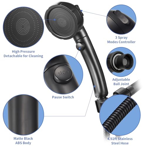 SINGSUO High Pressure Handheld Shower Head with On Off Switch, Detachable Shower Head, 3 Spray Modes Shower Massager Handheld with Hose and Adjustable Angle Bracket (Black) - Image 2