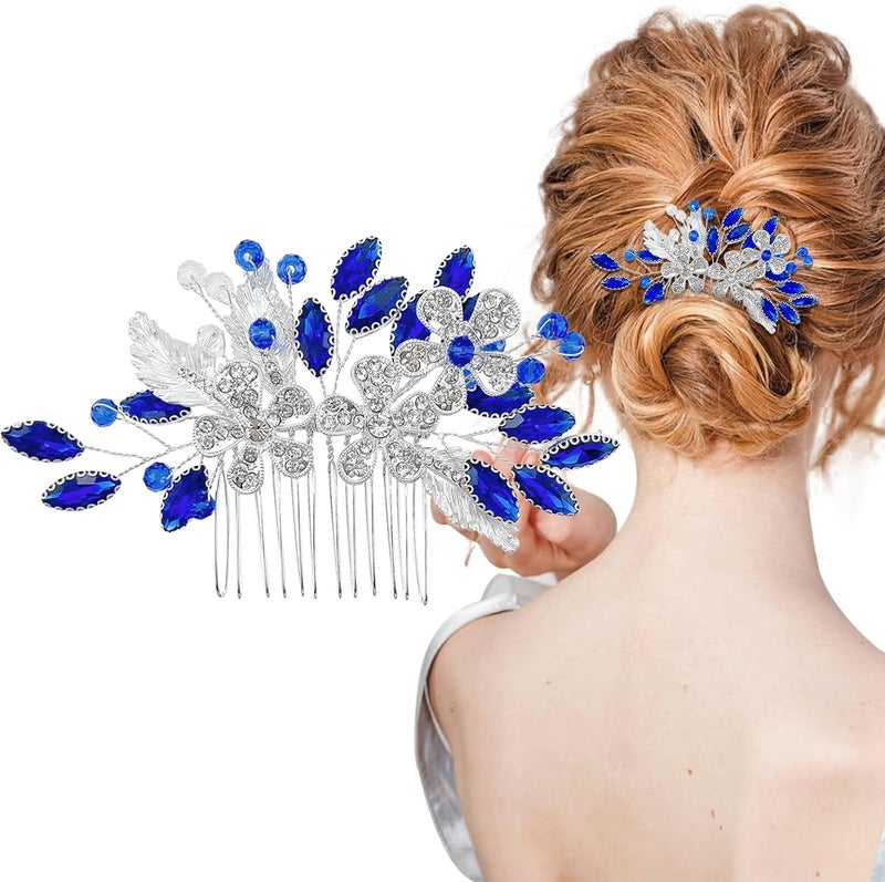 Flower Bridal Blue Rhinestone Hair Comb Hair Accessories Rhinestone Hair Piece for Women and Girls