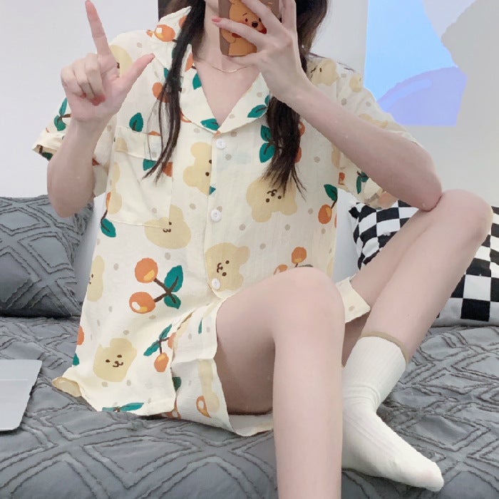 Pajamas Womens Summer Short-sleeved Cardigan Wrinkled Cotton Linen ins Sweet Cute Korean Style Girls Two-piece Home Clothes 6008 Pink  - Image 4