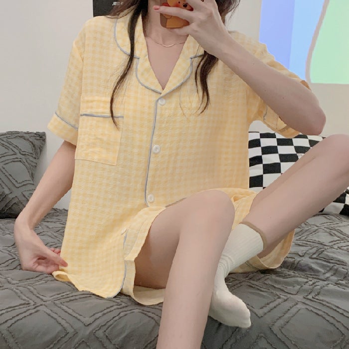 Pajamas Womens Summer Short-sleeved Cardigan Wrinkled Cotton Linen ins Sweet Cute Korean Style Girls Two-piece Home Clothes 6008 Pink  - Image 5