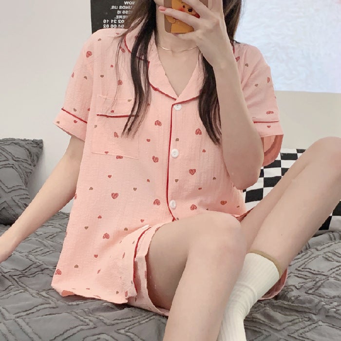 Pajamas Womens Summer Short-sleeved Cardigan Wrinkled Cotton Linen ins Sweet Cute Korean Style Girls Two-piece Home Clothes 6008 Pink  - Image 3