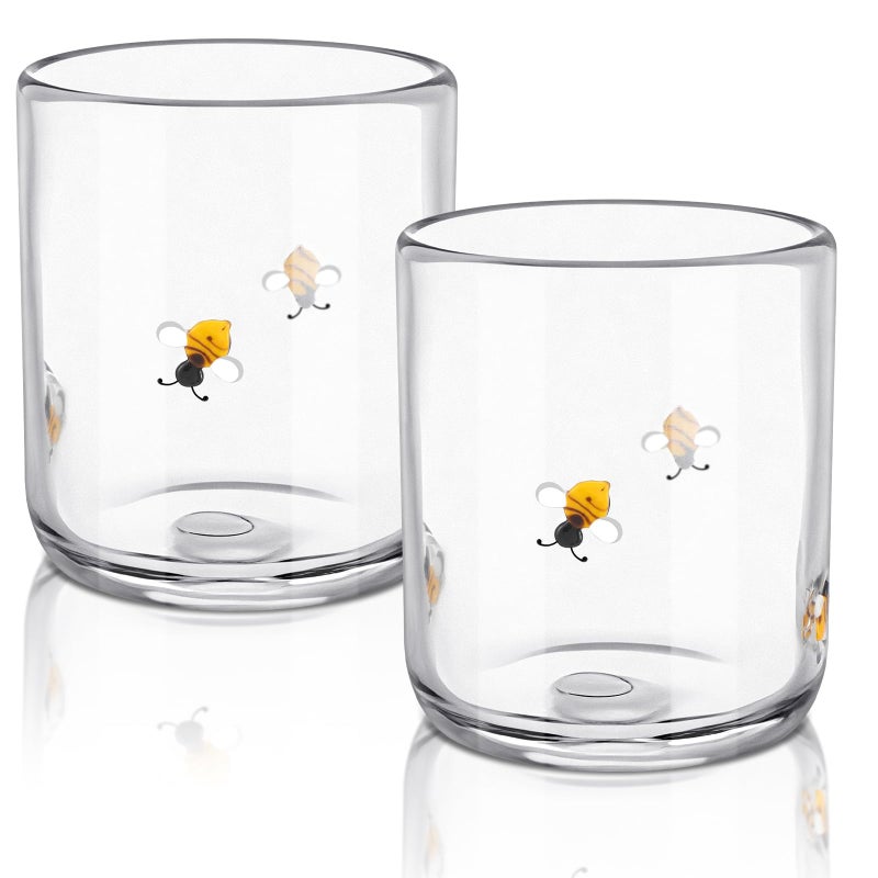 SiliFine 2 Pcs Bee Icon Juice Glasses - 14oz Yellow Bee Stemless Wine Drinking Coffee Glass Cup for Home Party Supplies & Gift - Image 1