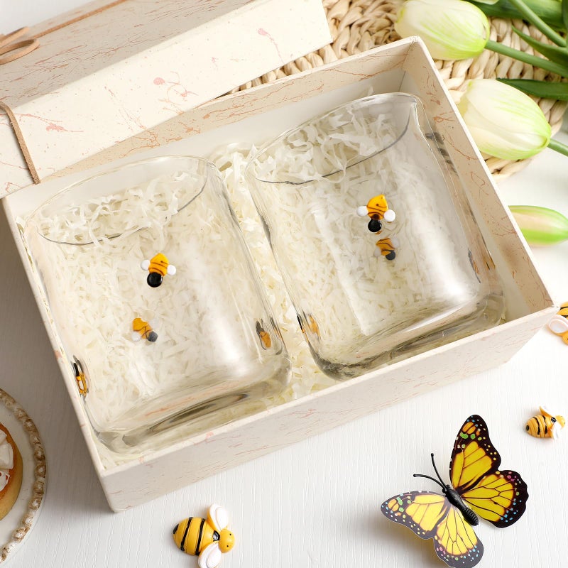SiliFine 2 Pcs Bee Icon Juice Glasses - 14oz Yellow Bee Stemless Wine Drinking Coffee Glass Cup for Home Party Supplies & Gift - Image 4