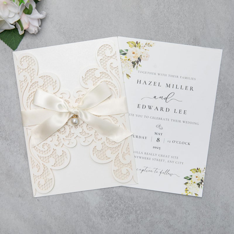 FEIYI 20Pcs 5.12x7.09 inch Laser Cut Wedding Invitation Cards With Envelopes and Ribbons for Quinceanera Bridal Shower Baby Shower Party Invite (lvory) - Image 3