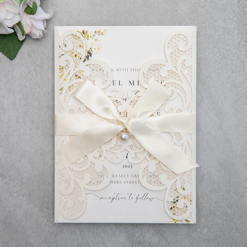 FEIYI 20Pcs 5.12x7.09 inch Laser Cut Wedding Invitation Cards With Envelopes and Ribbons for Quinceanera Bridal Shower Baby Shower Party Invite (lvory) - Image 1