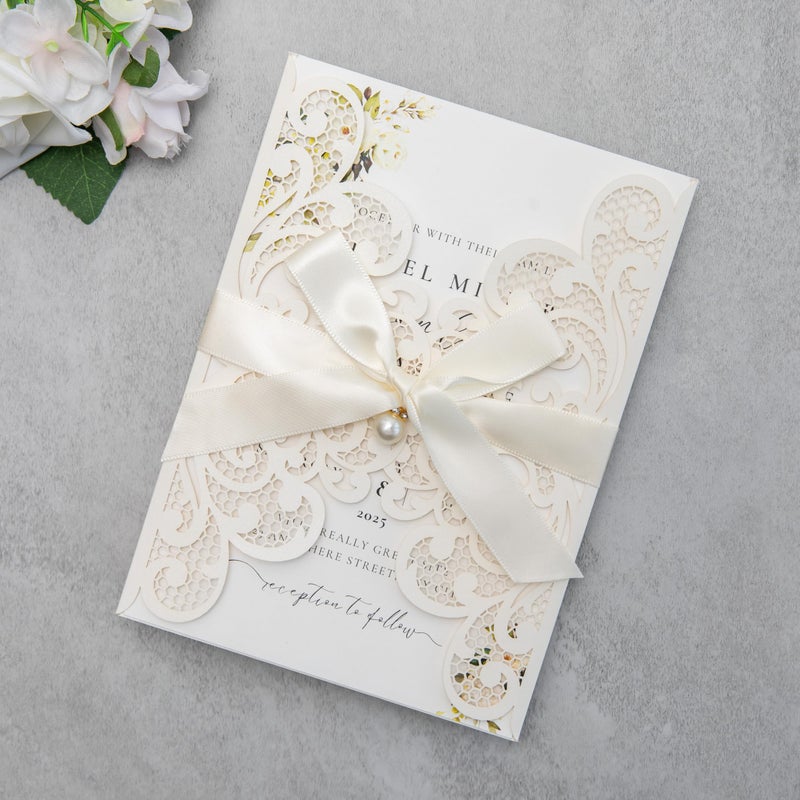 FEIYI 20Pcs 5.12x7.09 inch Laser Cut Wedding Invitation Cards With Envelopes and Ribbons for Quinceanera Bridal Shower Baby Shower Party Invite (lvory) - Image 2