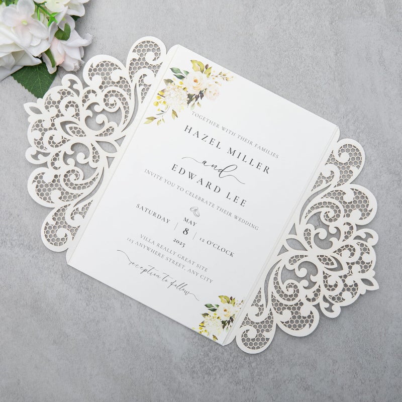 FEIYI 20Pcs 5.12x7.09 inch Laser Cut Wedding Invitation Cards With Envelopes and Ribbons for Quinceanera Bridal Shower Baby Shower Party Invite (lvory) - Image 4