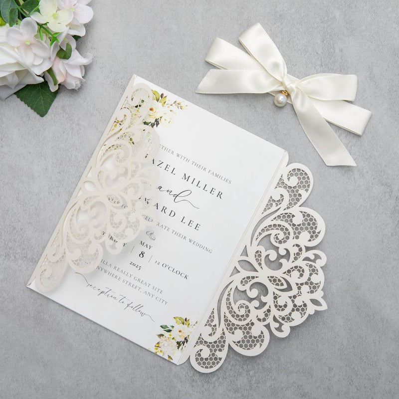 FEIYI 20Pcs 5.12x7.09 inch Laser Cut Wedding Invitation Cards With Envelopes and Ribbons for Quinceanera Bridal Shower Baby Shower Party Invite (lvory) - Image 5