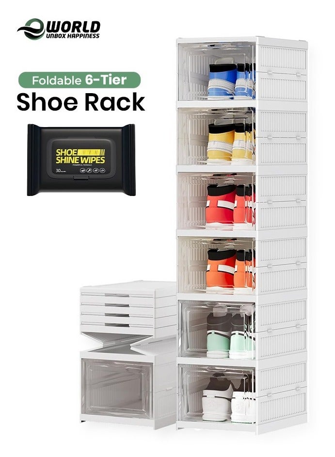 إي وورلد رف تخزين أحذية قابل للطي مكون من 6 طبقات، منظمات صناديق أحذية قابلة للطي والتكديس مع أبواب تتسع لمقاس يصل إلى 12، مثالية لأحذية الرجال والنساء والإكسسوارات والمزيد - Image 1