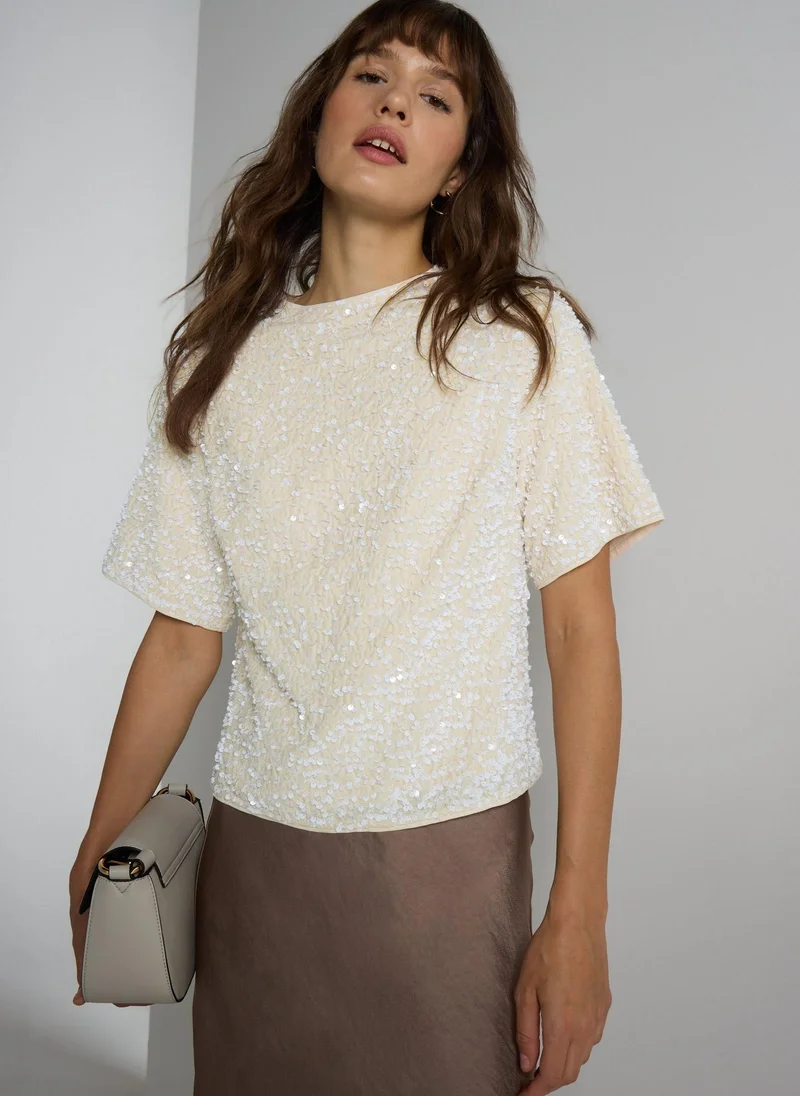 Matalan Et Vous Cream Sequin T-Shirt