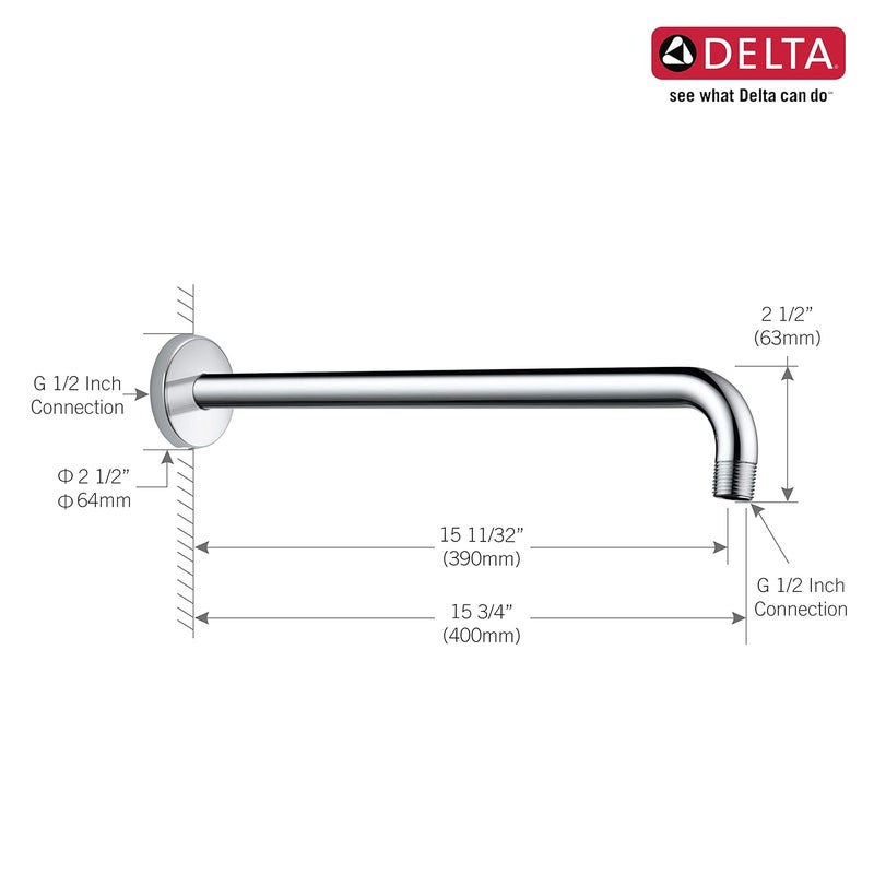 DELTA FAUCET 16 Brass Round Premium Shower Arm with wall Flange Polished Chrome RP49139 Bathroom Overhead Shower Arm - Image 2