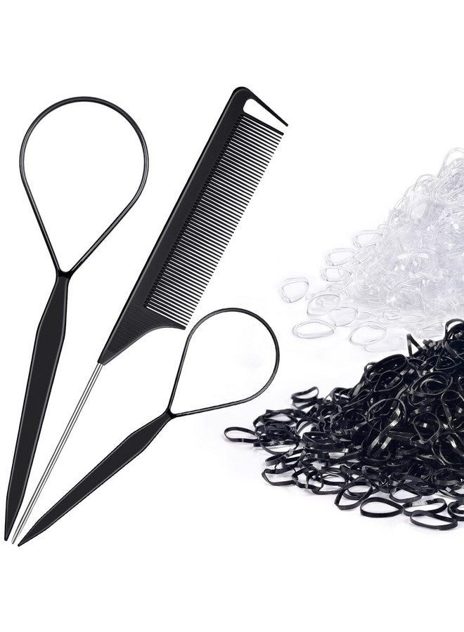 IKOCO Topsy Tail Hair Tool Ikoco 400Pcs Hair Rubber Bands With Hair Loop Styling Tool Set 200Pcs Clear Hair Elastics 200Pcs Black Rubber Bands For Hair 2Pcs Hair Loop Tools 1Pc Rat Tail Comb - Image 1