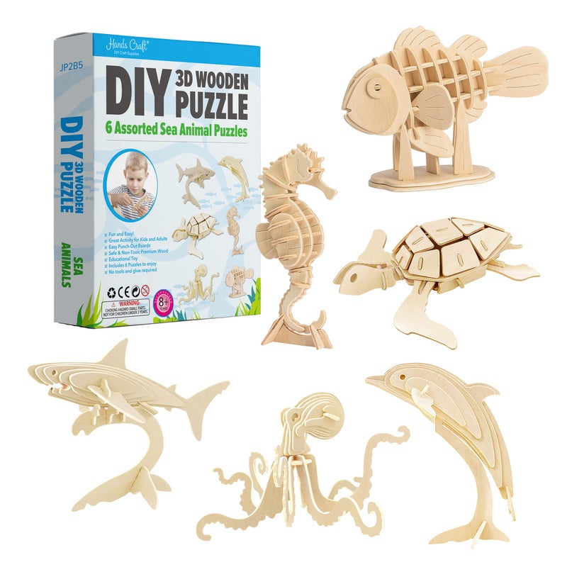 Hands Craft DIY 3D Wooden Puzzle 6 Assorted Sea Animals Bundle Pack Set Brain Teaser Puzzles Educational STEM Toy Adults and Kids to Build Safe and NonToxic Easy Punch Out Premium Wood JP2B5