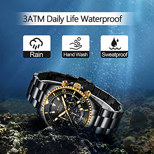 BIDEN Mens Watches Chronograph Stainless Steel Waterproof Date Analog Quartz Watch Business Casual Fashion Wrist Watches for Men, Black Gold, Bracelet - Image 5