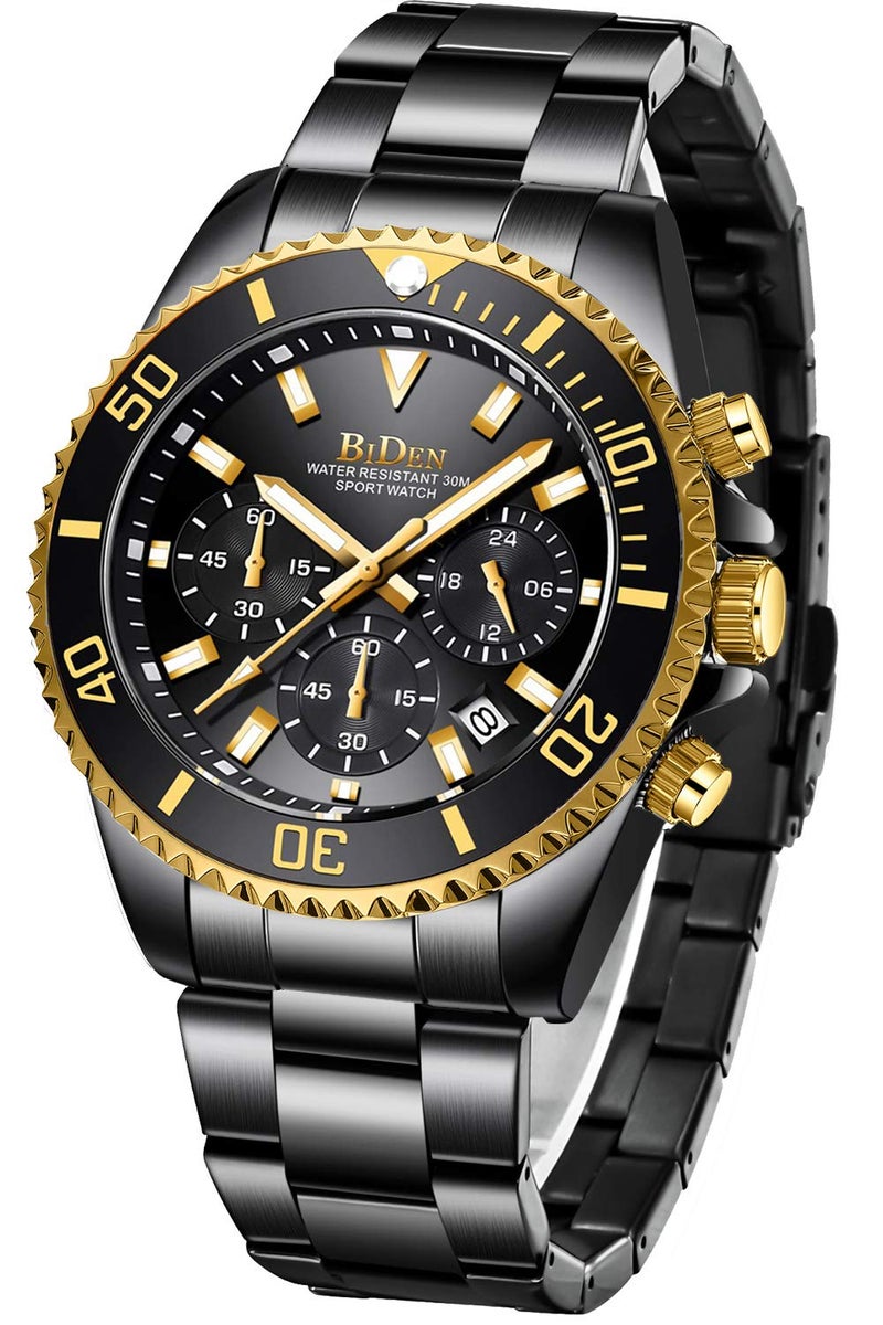 BIDEN Mens Watches Chronograph Stainless Steel Waterproof Date Analog Quartz Watch Business Casual Fashion Wrist Watches for Men, Black Gold, Bracelet - Image 1