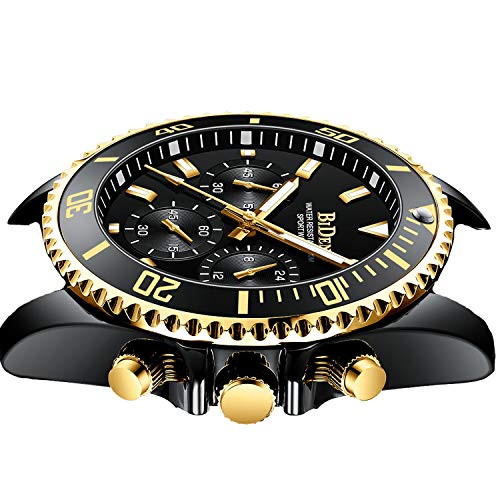 BIDEN Mens Watches Chronograph Stainless Steel Waterproof Date Analog Quartz Watch Business Casual Fashion Wrist Watches for Men, Black Gold, Bracelet - Image 2