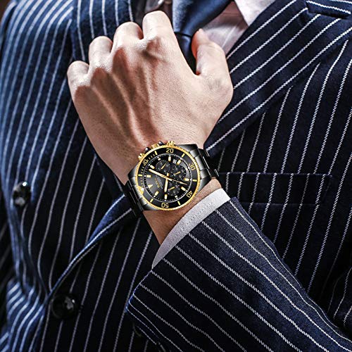 BIDEN Mens Watches Chronograph Stainless Steel Waterproof Date Analog Quartz Watch Business Casual Fashion Wrist Watches for Men, Black Gold, Bracelet - Image 3